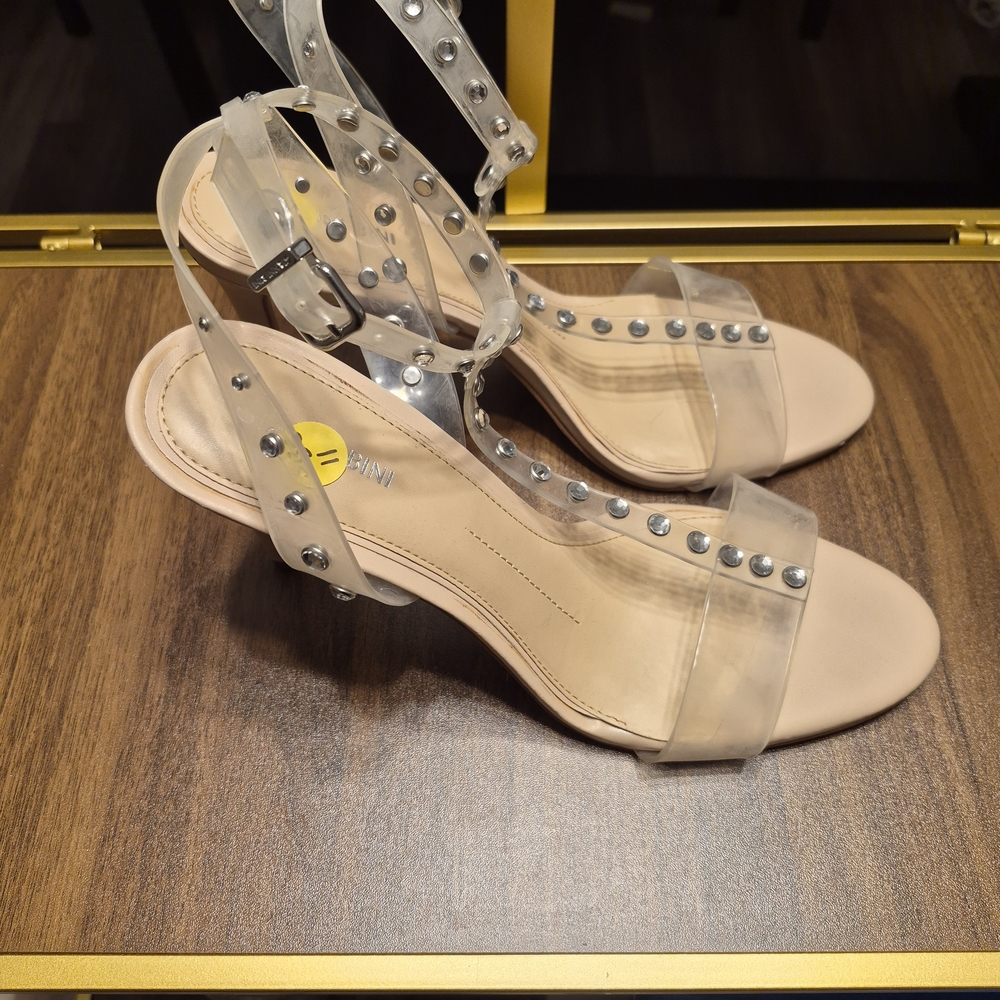 Nine West Clear Studded Ankle-Strap Sandals with Nude Footbed
